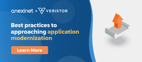 Email header with isometric icon and dark blue background with pops of orange and light blue for app modernization