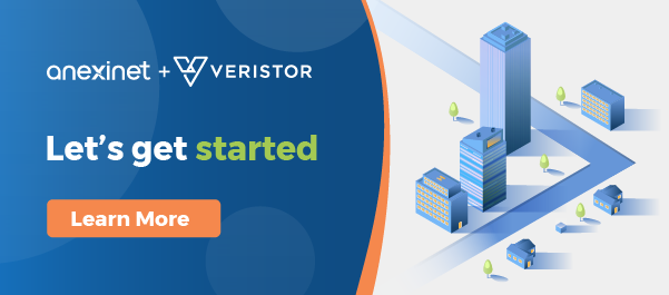 Email header with isometric buildings with dark blue background on left with pops of green and orange about app modernization