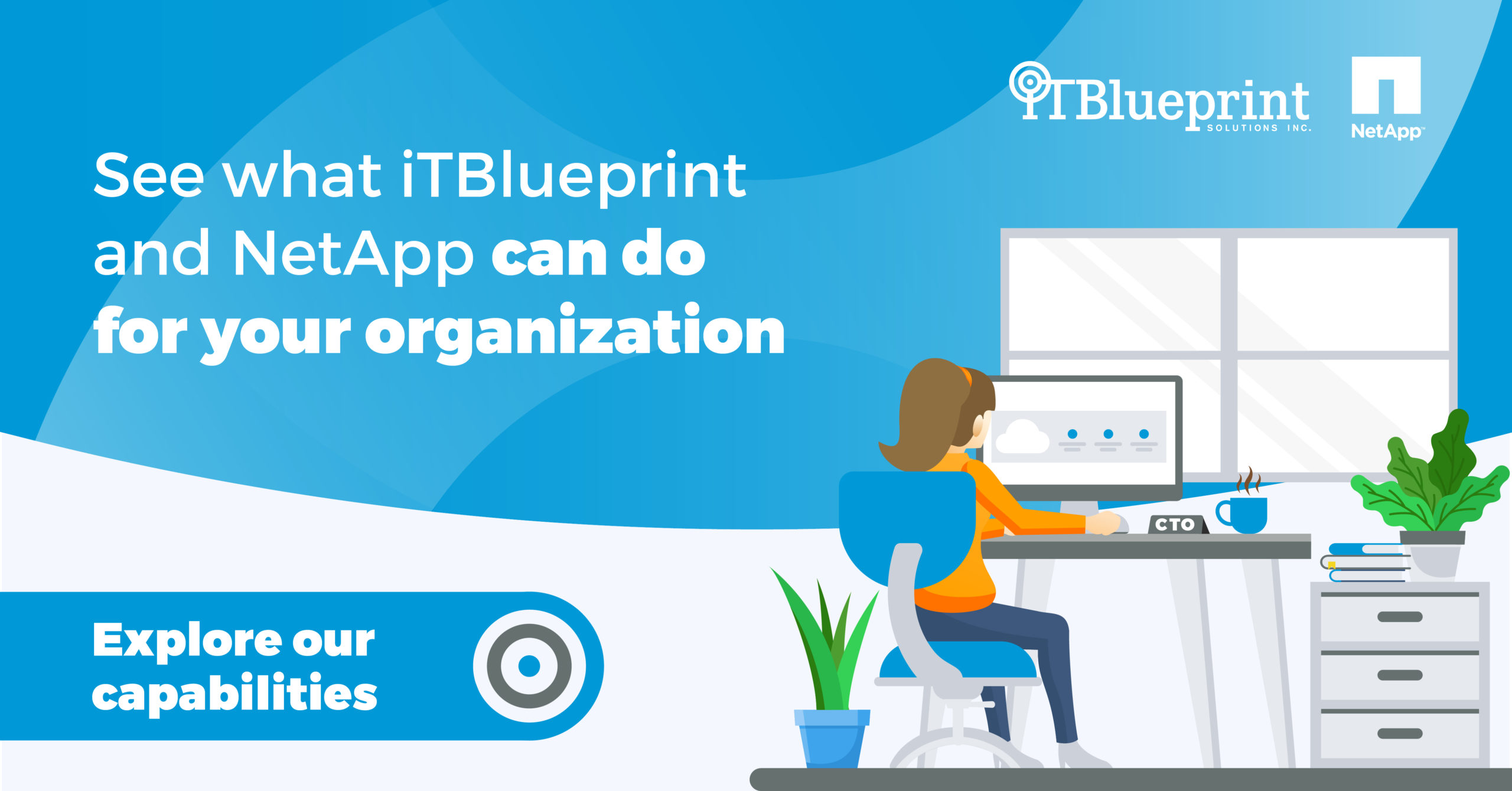 Static social banner primarily blue and white with pops of green using flat illustrations to promote NetApp for ITBlueprint