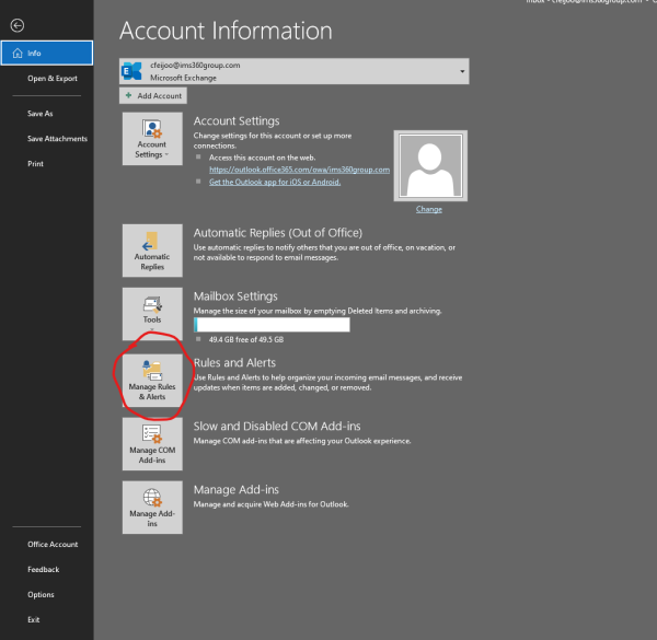 Outlook email, In info tab is Rules and Alerts
