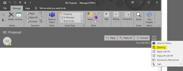 Outlook Email - Three dots opens dropdown for "meeting" option
