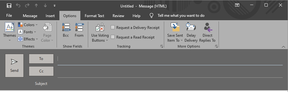 An new email in outlook with the options tab active