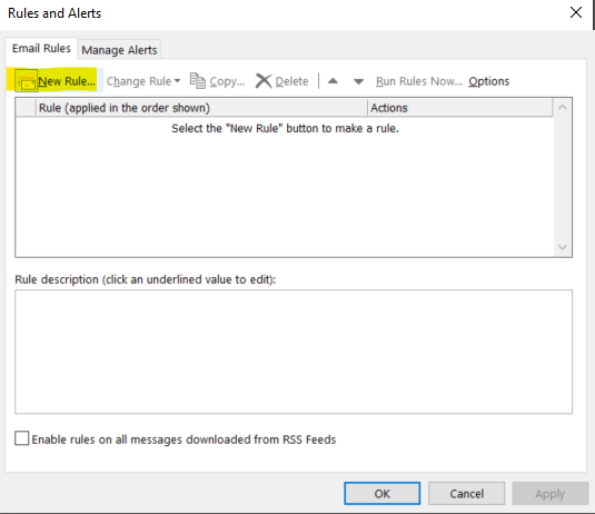 Outlook Email, In Rules and Alerts window is new rule