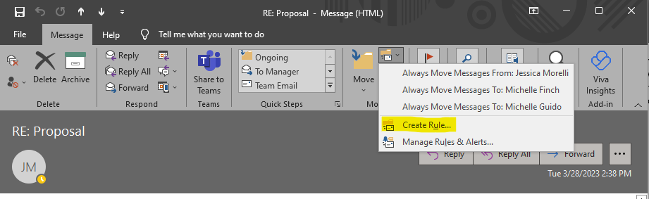 Outlook email, create rule in Move section