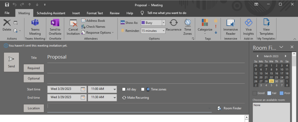 Outlook Email - Set Date and time after selectin meeting